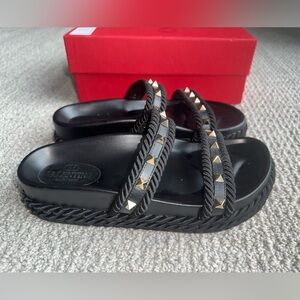 Valentino Black Slides with Gold Pyramid Studs